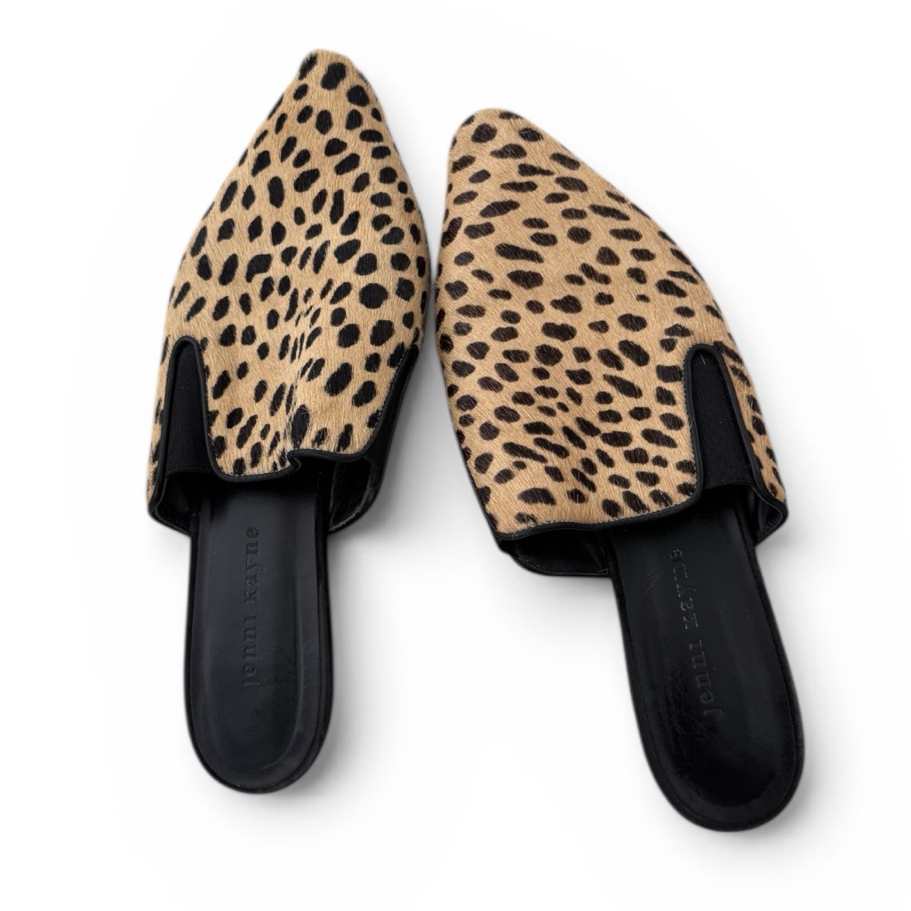 Jenni Kayne Pony Hair Cheetah Print Mules Size 39 Parisian Chic Stealth Wealth
